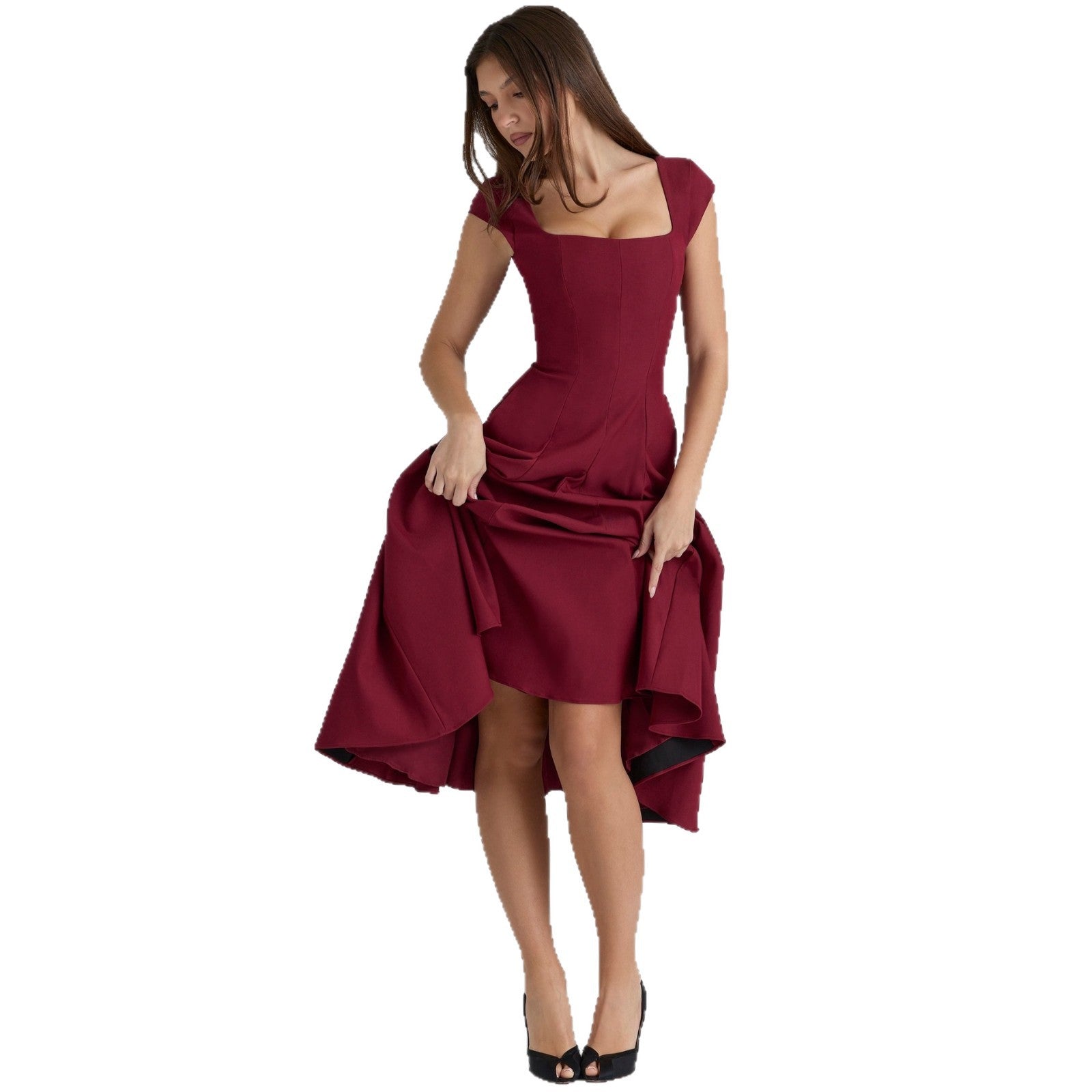 Damen Midi-Kleid mit quadratischem Ausschnitt und weit schwingendem Rock