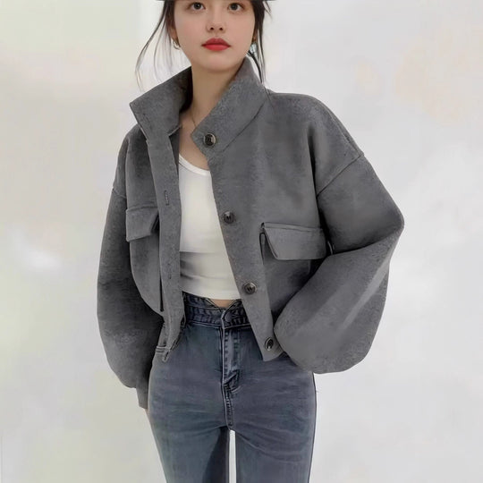 Damen Kurze Oversize-Wolloptik-Jacke mit Stehkragen und Ballonärmeln Shop Nory