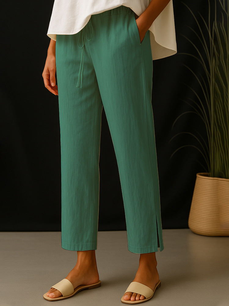 Damen Casual-Chino Leinenoptik Culotte mit elastischem Tunnelzugbund und Eingrifftaschen Shop Nory