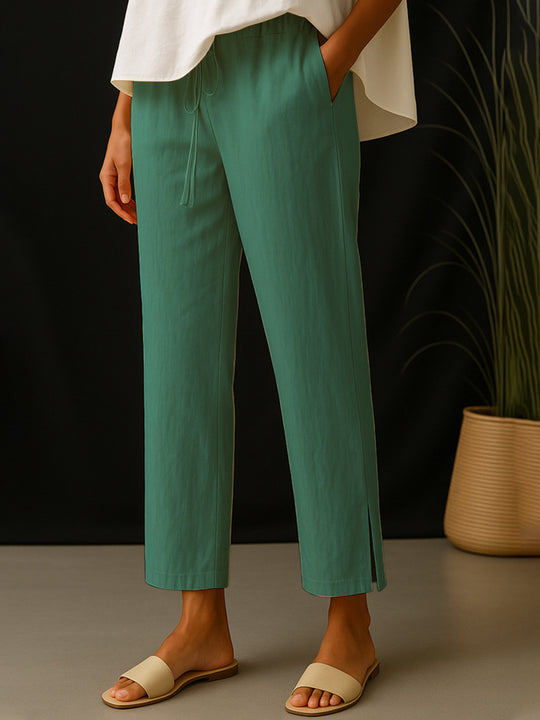 Damen Casual-Chino Leinenoptik Culotte mit elastischem Tunnelzugbund und Eingrifftaschen Shop Nory