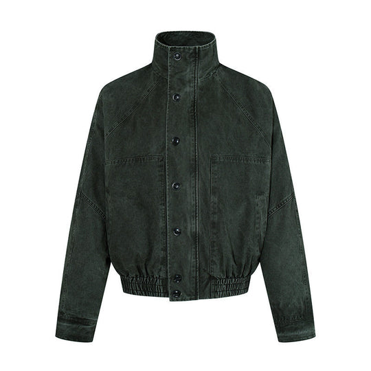 Damen kurze Oversize-Bomberjacke mit Stehkragen, Knopfleiste und elastischem Saum Shop Nory