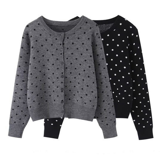 Damen Kurz geschnittene fein gestrickte Cardigan mit Rundhalsausschnitt, Knopfleiste und Allover‑Punktmuster Shop Nory