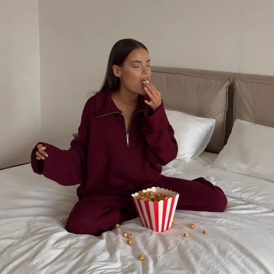 Damen Oversize Strick-Lounge-Set mit halbem Reißverschluss und weitem Bein Shop Nory