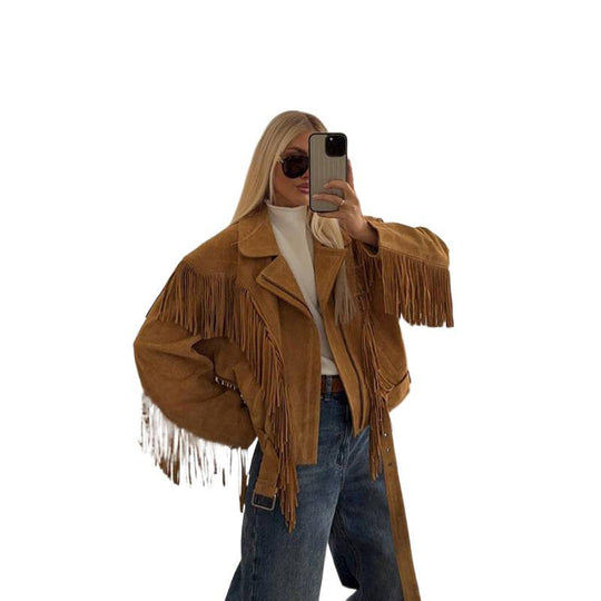 Damen Wildlederjacke mit Fransen und großzügigen Ärmeln