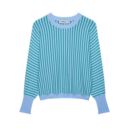 Damen Kurzgeschnittener gestreifter Feinstrick-Pullover mit verlängerten Rippärmeln Shop Nory