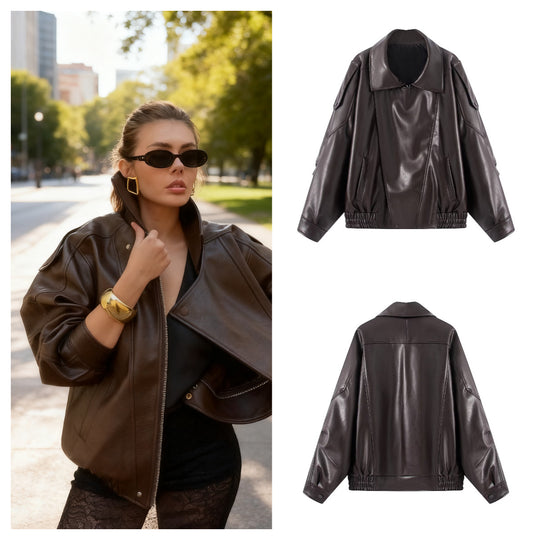 Damen Oversize Kunstleder-Bomberjacke mit Utility-Taschen, hohem Kragen und elastischem Saum Shop Nory