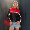 Damen sportliche Kunstlederjacke mit dekorativen Streifen