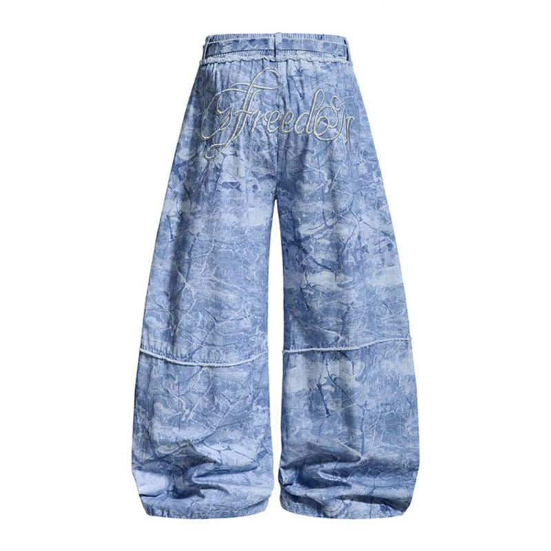 Damen weite Balloon-Jeanshose mit elastischem Bund, langen Zierbändern und Batik-Optik Shop Nory