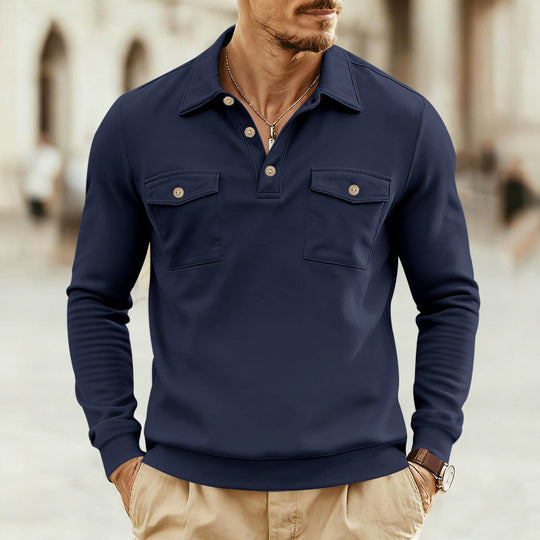 Herren nan figurbetontes Langarm-Poloshirt mit Hemdkragen und aufgesetzten Brustklappen