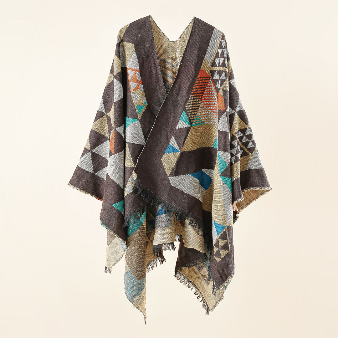 Damen Oversize-Ruana im Jacquard-Wickelstil mit dreieckigem Muster und Fransensaum Shop Nory