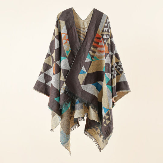 Damen Oversize-Ruana im Jacquard-Wickelstil mit dreieckigem Muster und Fransensaum Shop Nory
