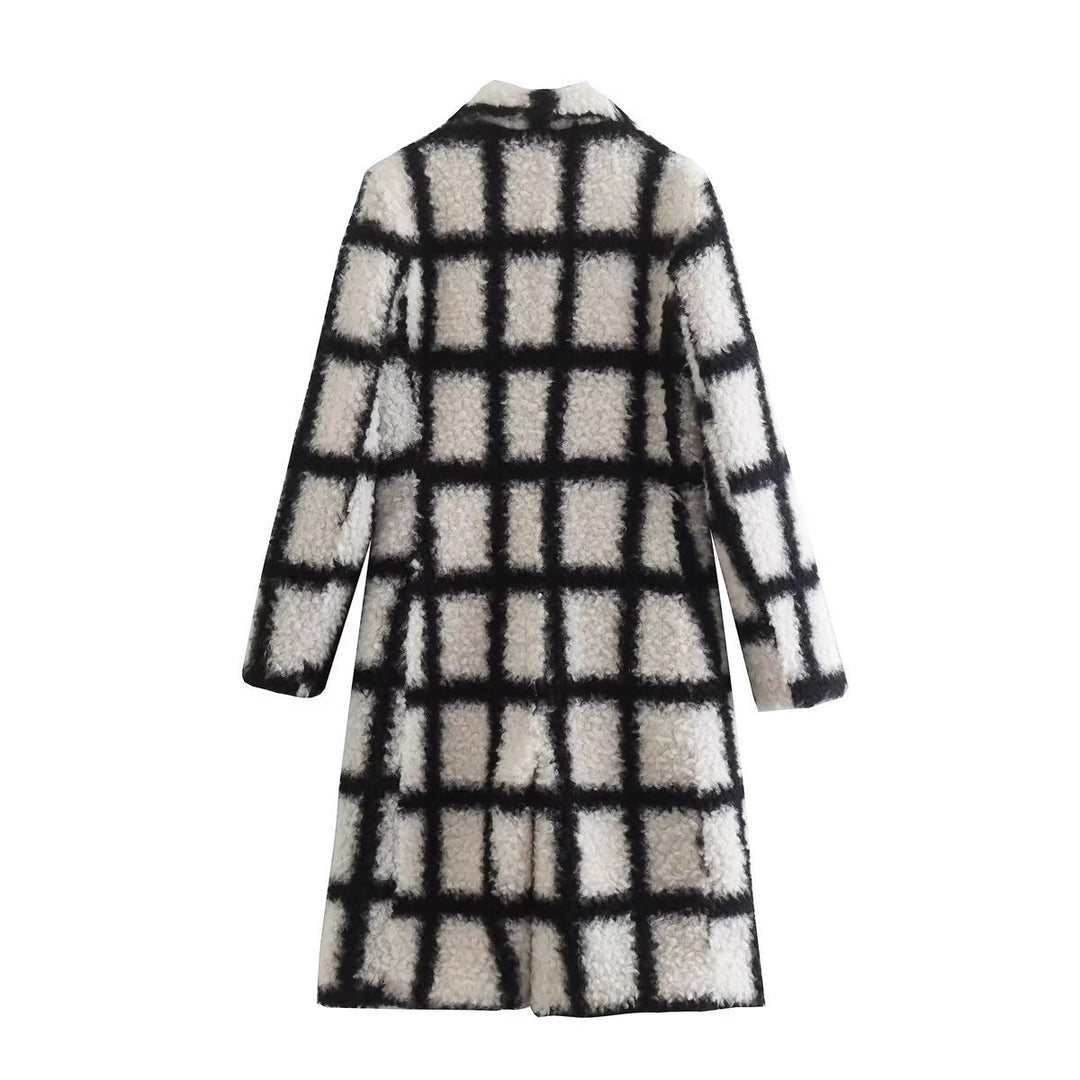 Damen Langer Karierter Teddymantel mit Reverskragen und aufgesetzten Pattentaschen Shop Nory