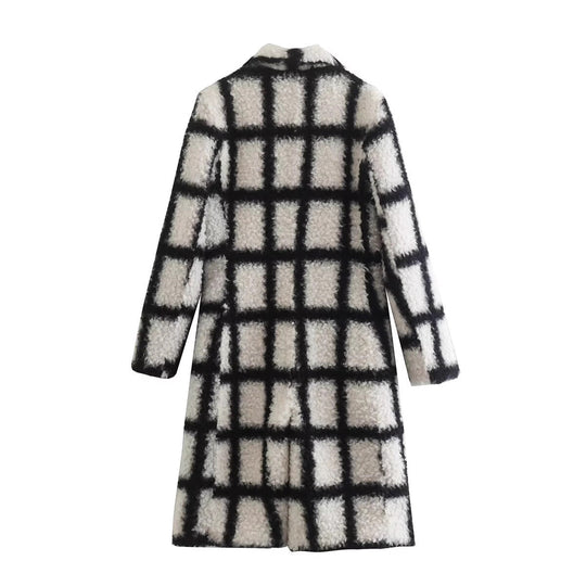 Damen Langer Karierter Teddymantel mit Reverskragen und aufgesetzten Pattentaschen Shop Nory