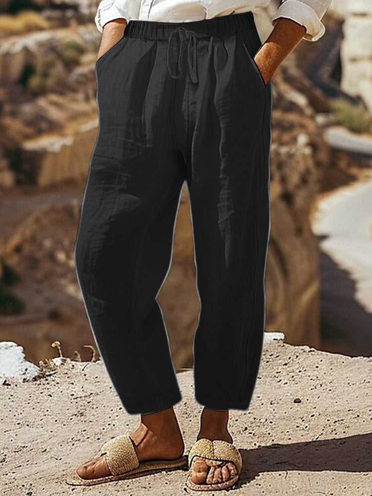 Damen Casual-Chino Leinenoptik Culotte mit elastischem Tunnelzugbund und Eingrifftaschen Shop Nory