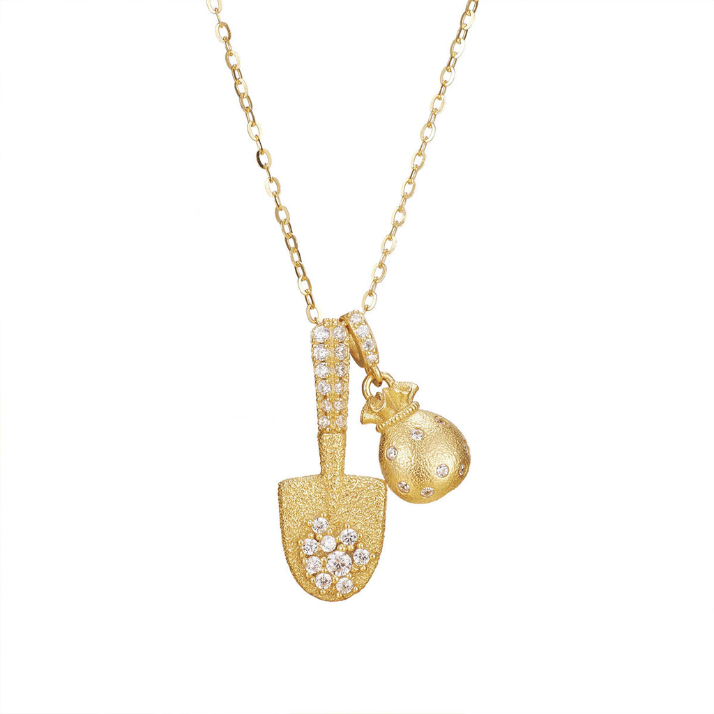 Damen Halskette mit goldfarbenem Schaufel- und Geldbeutel-Anhänger und funkelnden Kristallen Shop Nory