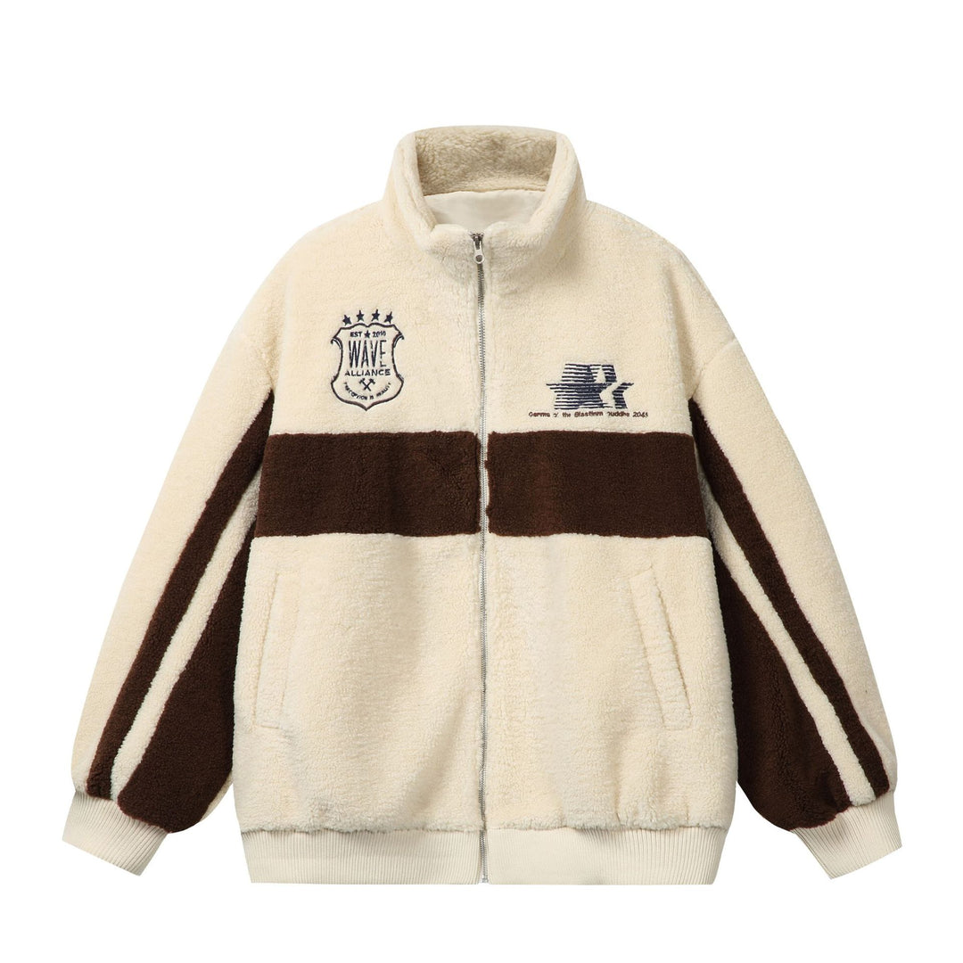 Unisex Sherpa‑Fleecejacke im Boxy‑Cut mit Stehkragen, Blockstreifen und Stickdetails Shop Nory