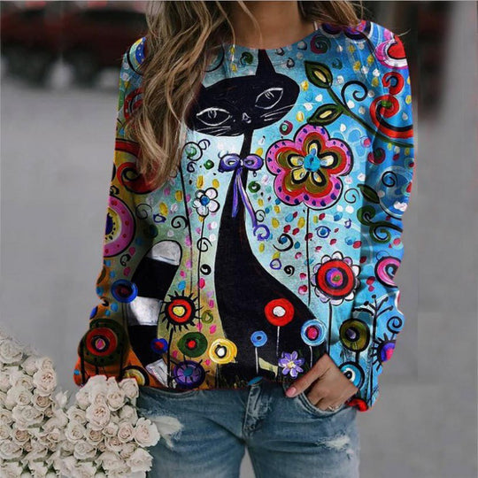 Damen Oversized-Sweatshirt mit künstlerischem Katzen-Print und floraler Musterung Shop Nory