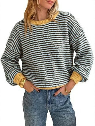 Damen Gestreifter Rippstrick-Pullover mit Kontrast-Bündchen Shop Nory