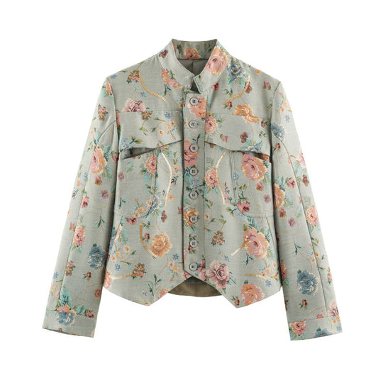 Damen Bestickte Jacquard-Kurzjacke mit Mandarin-Kragen und aufgesetzten Klappentaschen Shop Nory