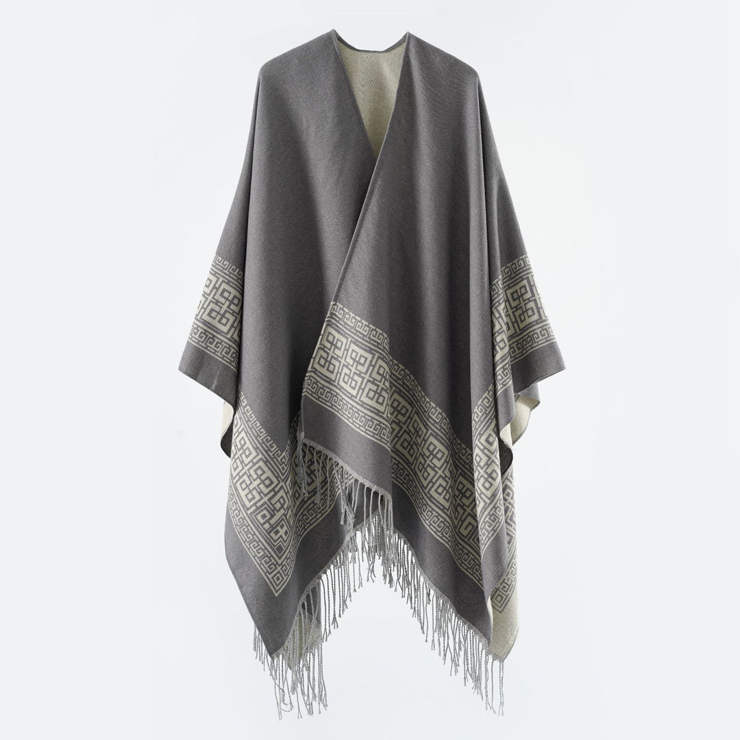 Damen Reversibler Wollmix‑Überwurf im Kimono‑Fall mit ornamentaler Bordüre und Zierfransen Shop Nory