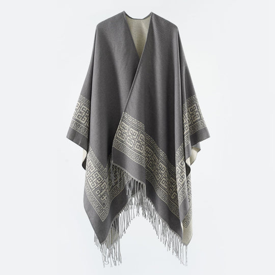 Damen Reversibler Wollmix‑Überwurf im Kimono‑Fall mit ornamentaler Bordüre und Zierfransen Shop Nory