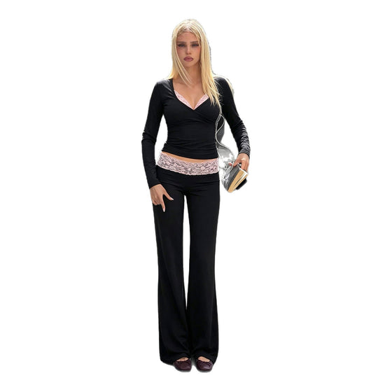 Damen nan Lounge-Set mit Spitzenbund, V-Ausschnitt und ausgestellter Schlaghose Shop Nory