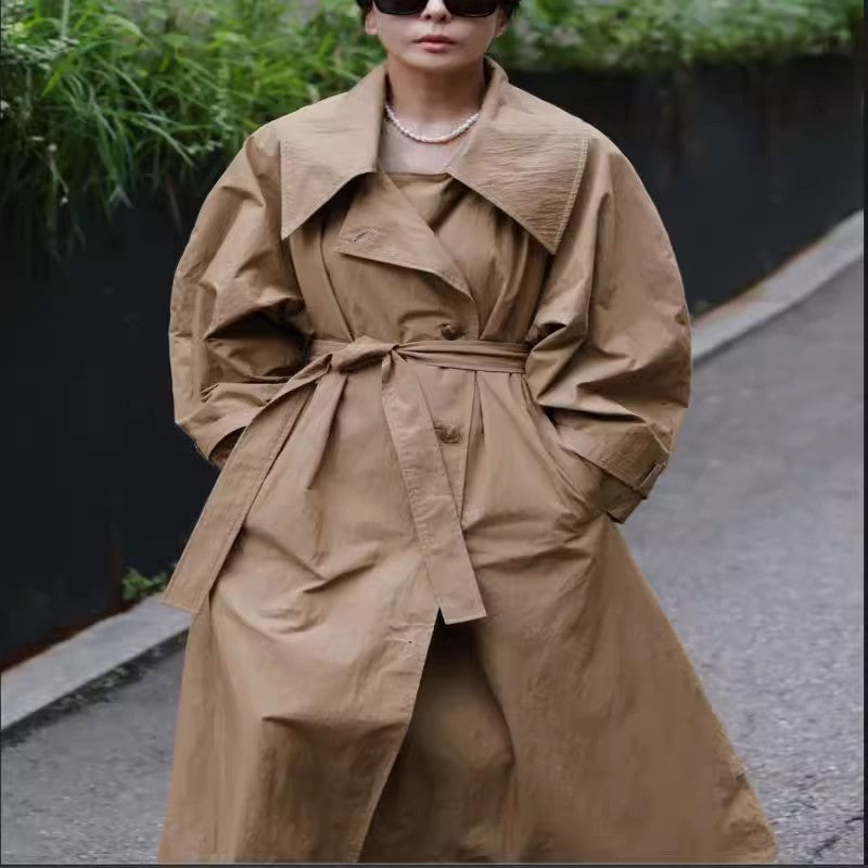 Damen Voluminöser Trenchcoat im Oversize-Look mit weitem Wasserfallkragen und Taillenbindegürtel Shop Nory