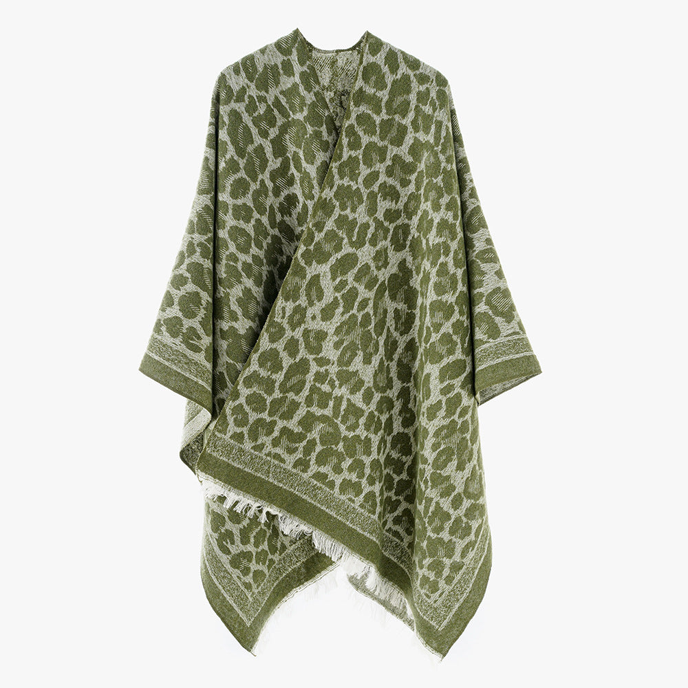 Damen Jacquard‑Poncho im Oversize‑Überwurf mit Leoprint und Fransensaum Shop Nory