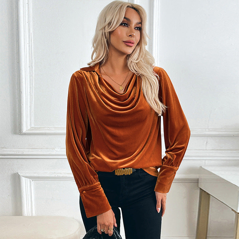 Damen Samtbluse mit Wasserfallkragen und Ballonärmeln Shop Nory