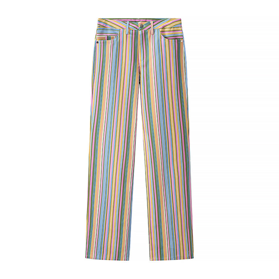 Damen Gestreifte gerade geschnittene Hose mit hoher Taille und Fünf-Taschen-Schnitt Shop Nory