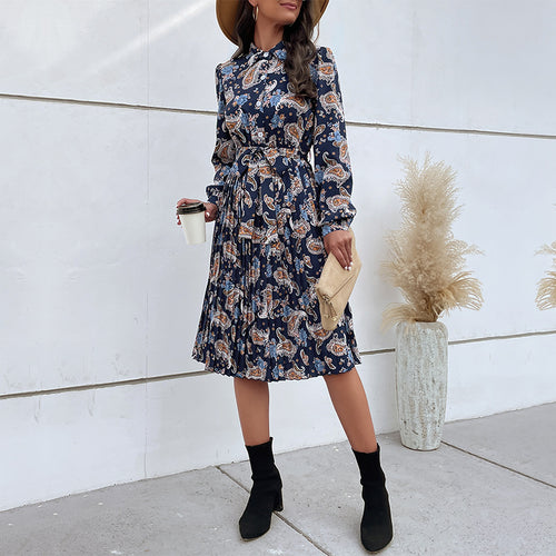 Damen Paisley-Midikleid mit Hemdkragen, Taillengürtel und Plissée-Rock Shop Nory