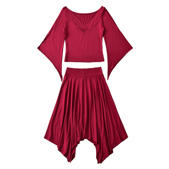 Damen Zweiteiliges Set aus drapiertem Top mit Fledermausärmeln und asymmetrischem Tellerrock Shop Nory