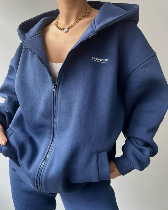 Damen Oversize Kapuzen-Sweatjacke mit Reißverschluss und High-Waist Jogginghose Set Shop Nory