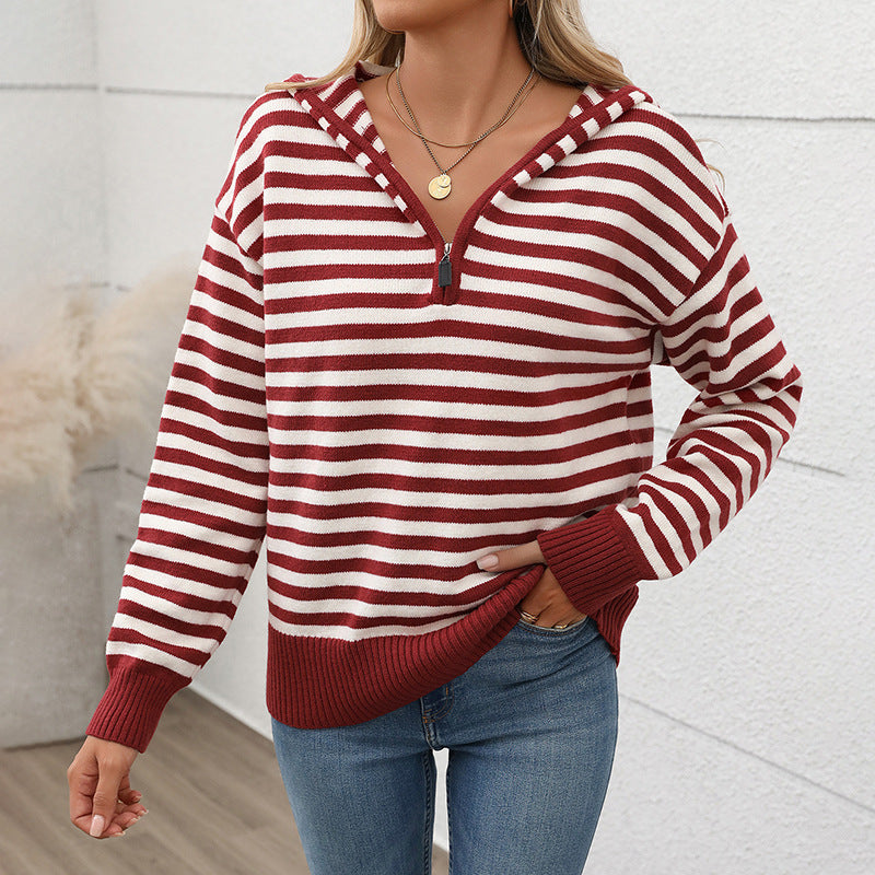 Damen Modischer Strickpullover mit Kapuze und halbem Reißverschluss Shop Nory