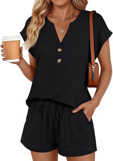 Damen Lässiges zweiteiliges Lounge-Set mit Knopfleiste, Kordelzugshorts und Eingrifftaschen Shop Nory