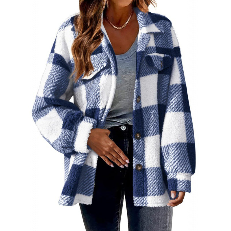 Damen Karierte Teddy‑Hemdjacke im Oversize‑Shacket‑Stil Shop Nory