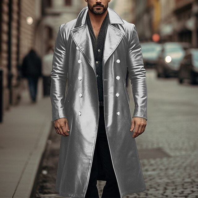Herren Doppelreihiger Ledermantel im Trenchcoat‑Stil mit schmaler Taille Shop Nory