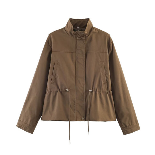 Damen Leichte Windbreaker-Übergangsjacke mit Tunnelzugtaillierung und Stehkragen Shop Nory