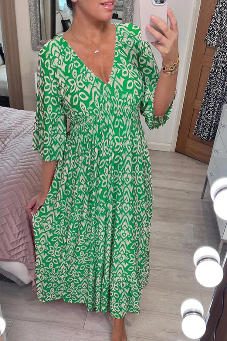 Damen Boho‑Maxikleid mit Smoktaillenband, Wickeloptik‑Dekolleté und Volantärmeln Shop Nory