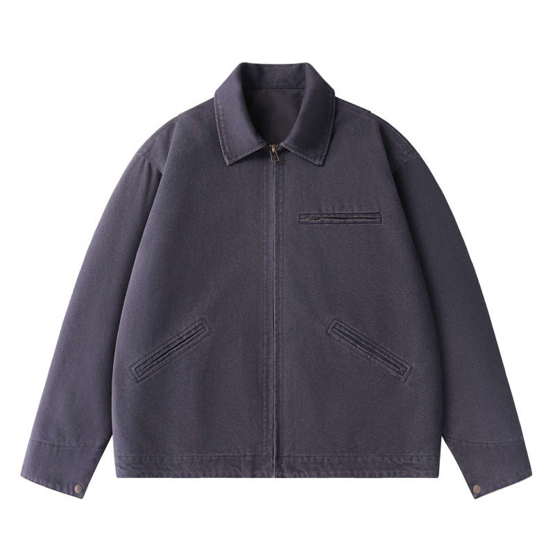 Unisex Kastenförmige Kurzjacke im Worker-Blouson-Stil mit Hemdkragen und verdecktem Reißverschluss Shop Nory