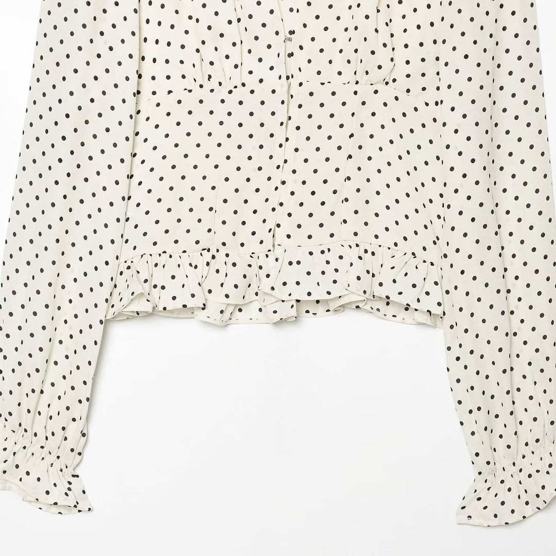 Damen Gepunktete Bluse mit V-Ausschnitt, Rüschen-Saum und Ballonärmeln Shop Nory
