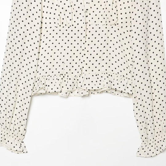 Damen Gepunktete Bluse mit V-Ausschnitt, Rüschen-Saum und Ballonärmeln Shop Nory
