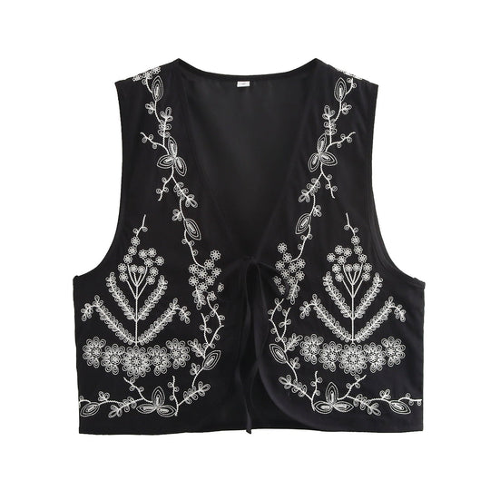 Damen elegante bestickte Weste mit offenem Schnitt und seitlichen Binde-Details