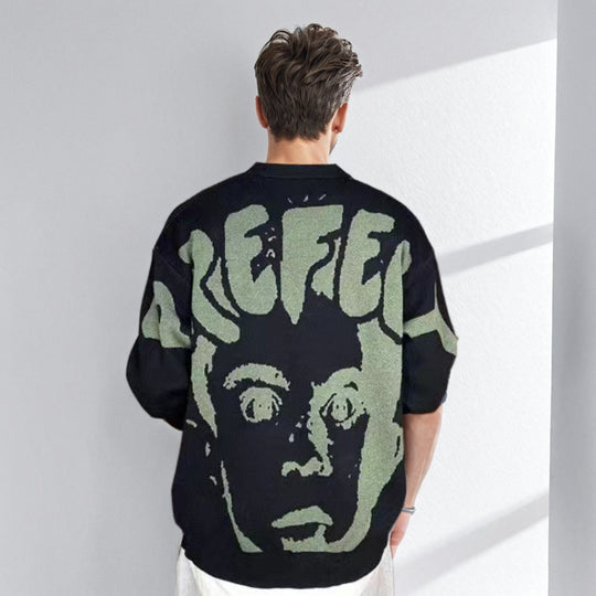 Herren Oversized-Strickpullover mit großflächigem Jacquard-Gesichtsmotiv und geripptem Saum Shop Nory