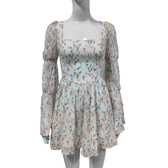 Damen Sommerliches Chiffon-Minikleid mit quadratischem Ausschnitt, Puffärmeln und taillierter Empire-Linie Shop Nory