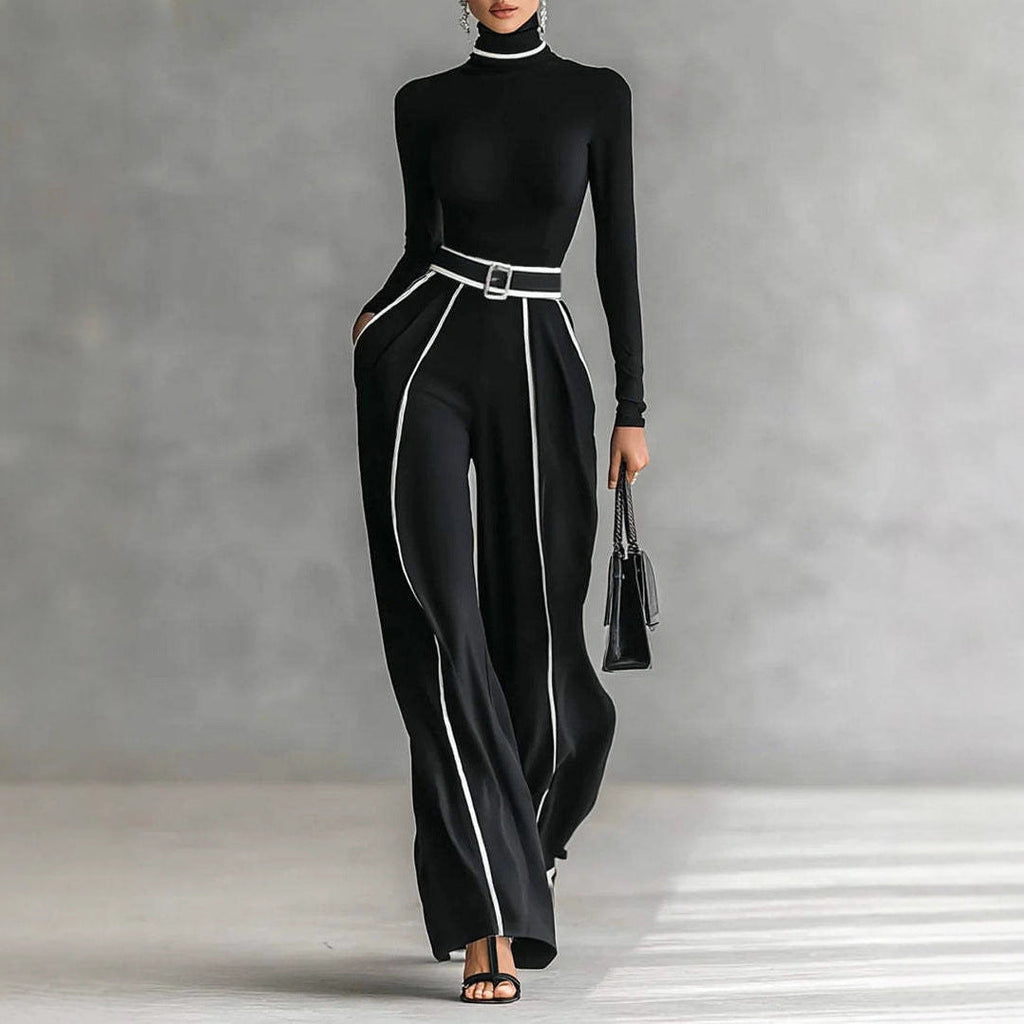 Damen nan elegantes Strickset mit tailliertem Rollkragenoberteil und weiter Plisseehose mit Taillengürtel