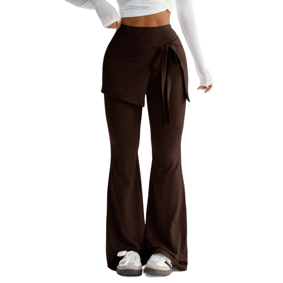 Damen hochtaillierte Schlaghose mit Wickelrock-Overlay und Taillenschleife Shop Nory