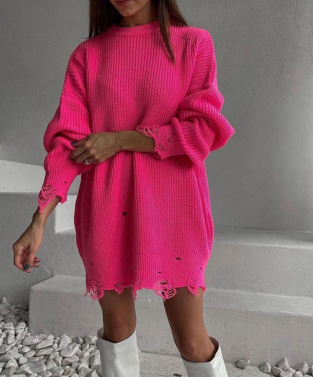 Damen Oversized Strickkleid mit Destroyed-Saum und Ballonärmeln Shop Nory
