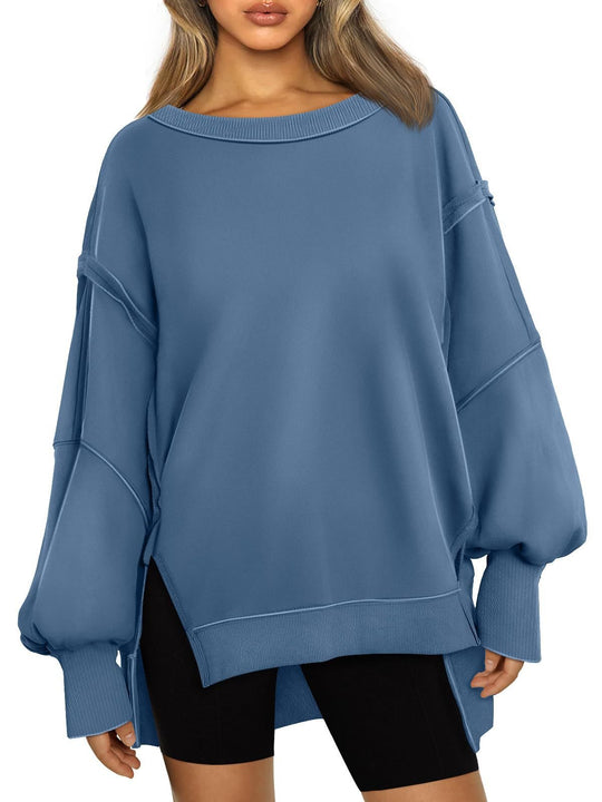 Damen Weiches Longline-Sweatshirt mit Ballonärmeln, seitlichen Schlitzen und geripptem Saum Shop Nory