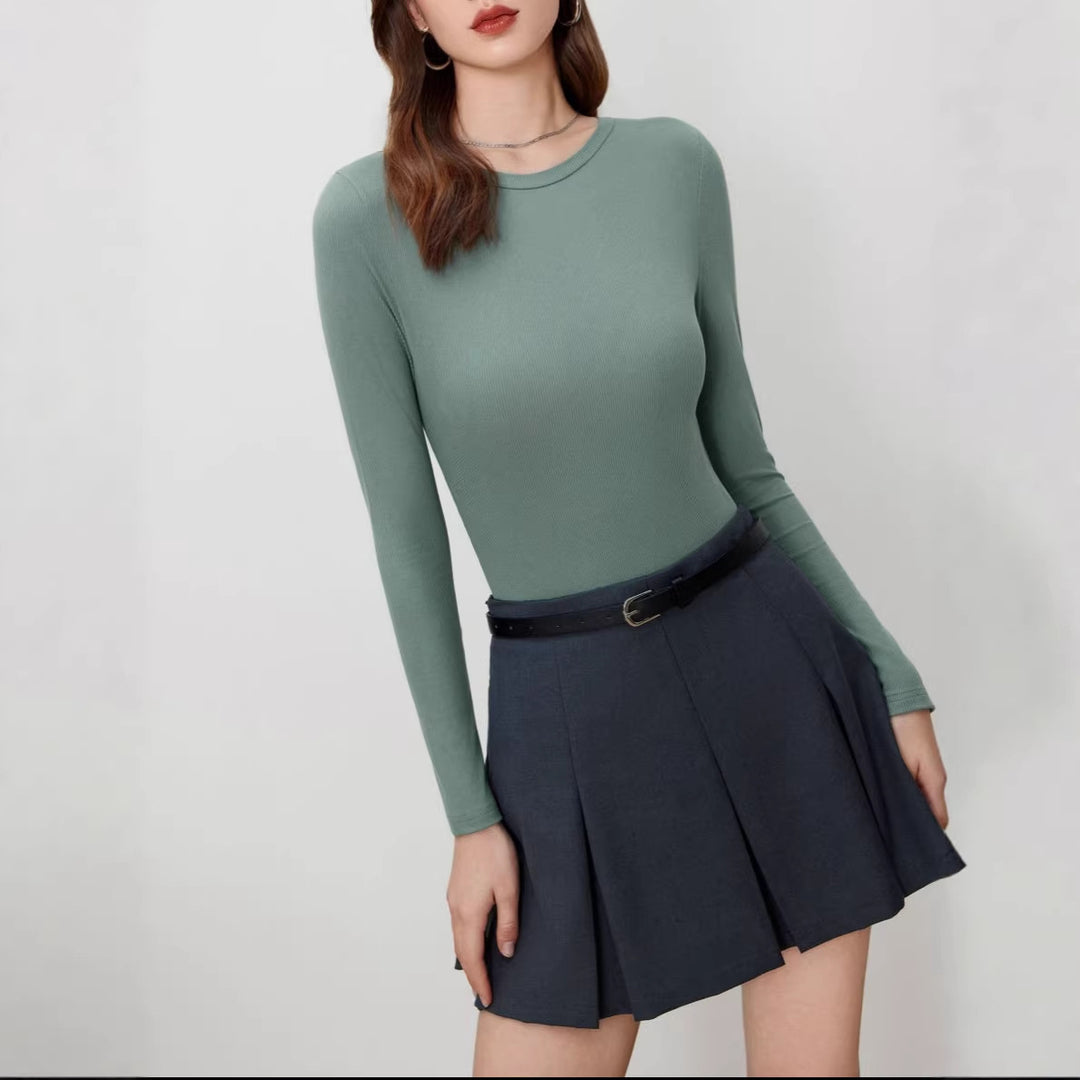Damen Figurnahes geripptes Langarm-Basicshirt mit Rundhalsausschnitt und Stretch Shop Nory